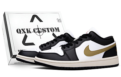 Jordan Air Jordan 1 Gold Hook Mocha Box Abrasion Resistant Low Top Vintage Basketball Shoes Unisex Black Gold