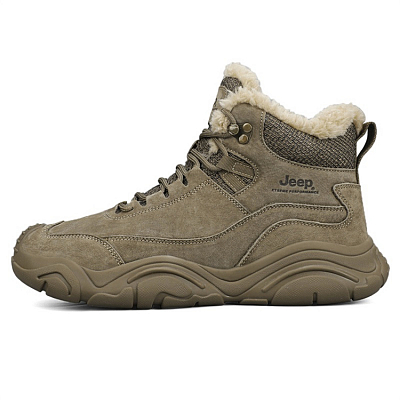 Jeep Warm Fleece-Lined Padded Shoes Mid-Top Outdoor Shoes Men's Khaki