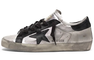 Golden Goose Super Star Stylish Skateboarding Shoes Women's Silver Black Heel Tab Distressed