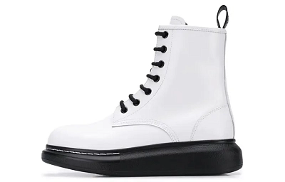Alexander McQueen Glossed Leather Platform Ankle Boot White Black Women's