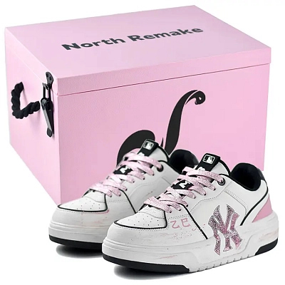 MLB Chunky Liner Anti Slip And Wear Resistant Height Increasing Low Top Skateboard Shoes Unisex White Pink