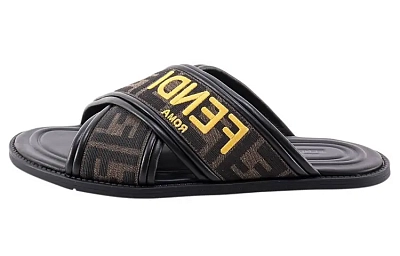 FENDI FF Motif Fabric Slide 'Embroidered Logo - Tobacco'