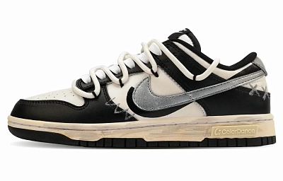 Nike Dunk Abrasion Resistant Low top Skateboard Shoes Unisex Black White Silver