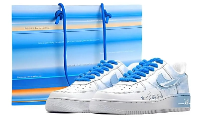 Nike Air Force 1 Blue Tide Painted Feather, Shopping Bag Abrasion Resistant Low top Skateboard Shoes Unisex Blue White