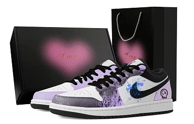 Jordan Air Jordan 1 Cute Skeleton, Heart Box Abrasion Resistant Low top Vintage Basketball Shoes Women's Purple White