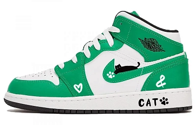 Jordan Air Jordan 1 Heart Kitten Mercedes-Benz Little Cat Mid-Top Vintage Basketball Shoes Women's White Green