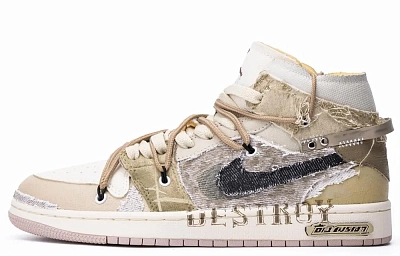 Jordan Air Jordan 1 ADCDAVINCI Custom Destruction Mid Top Vintage Basketball Shoes Men's Beige Yellow Brown