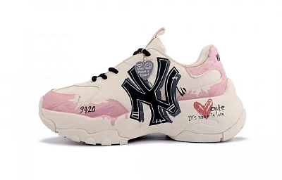 MLB Big Ball Chunky Heartbeat Magic Abrasion Resistant Low top Chunky Sneakers Unisex Beige Pink