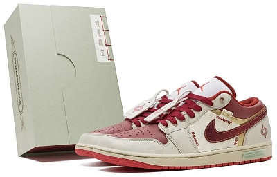 Jordan Air Jordan 1 Wear-Resistant Low-Top Vintage Basketball Shoes Men's Beige Red