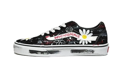 Vans Old Skool Street Daisy, Hand Drawn Abrasion Resistant Low top Skateboard Shoes Unisex Black White