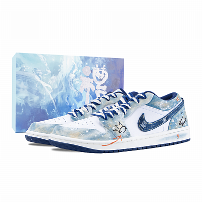 Jordan Air Jordan 1 Graffiti Denim Abrasion Resistant Low top Vintage Basketball Shoes Men's White Blue
