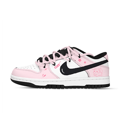 Nike Dunk Star Chasing Pink Cat Abrasion Resistant Low top Skateboard Shoes Unisex Pink White Black