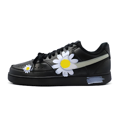 Nike Court Vision Low Chrysanthemum Slip Resistant Shock Absorbers Low top Skateboard Shoes Unisex Black White