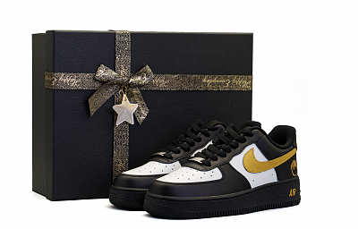 Nike Air Force 1 Cushioning, Wear Resistant Low top Skateboard Shoes Unisex Black White Gold