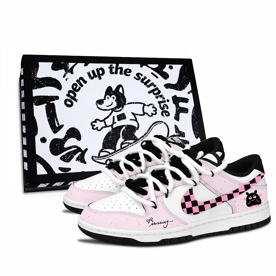 Nike Dunk Black White, Pink Plaid, Magic Elf Abrasion Resistant Low top Skateboard Shoes Unisex Black Pink купить в интернет-магазине Yoocart с быстрой доставкой по России.